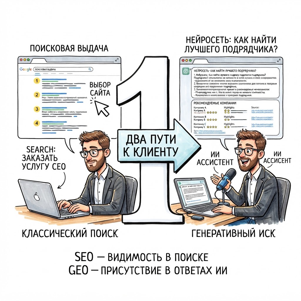 SEO и GEO в 2026 году: чем отличается продвижение сайта в поиске и нейросетях